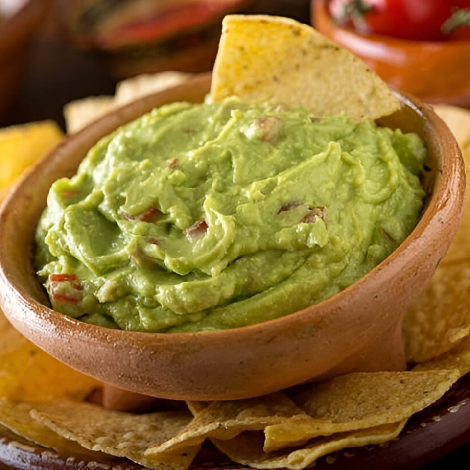 A rustic bowl of La Parrilla's fresh guacamole with a tortilla chip dipped in it.