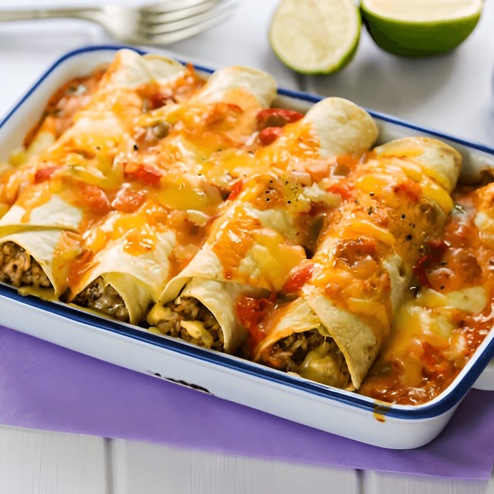 La Parrilla's cheesy enchiladas in a baking dish, with lime halves and a fork in the background.